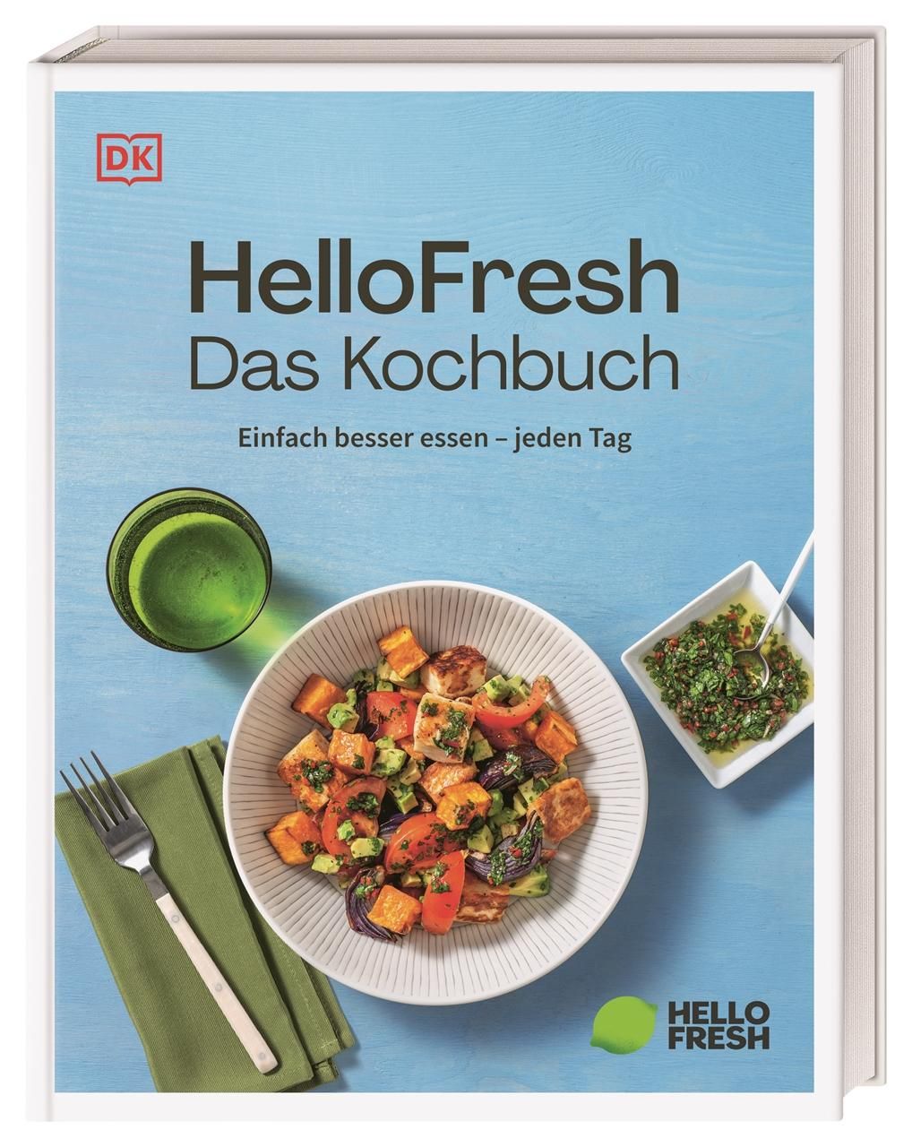 Kochbuch mit dem Titel "HelloFresh Das Kochbuch". Auf blauem Hintergrund sind Speisen und Besteck abgebildet.