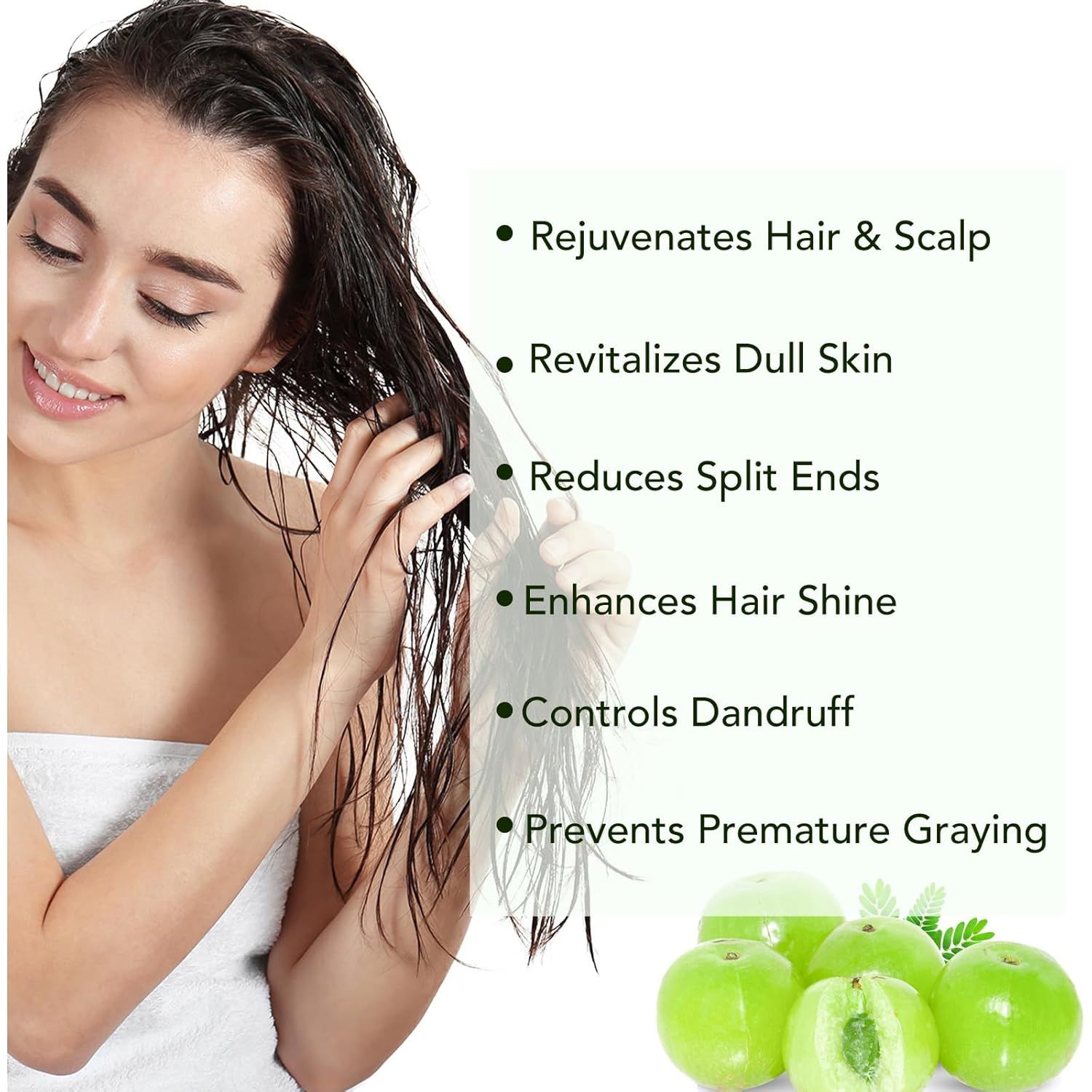 Frau mit nassem Haar. Text: Revitalisiert Haut & Kopfhaut, reduziert Spliss, kontrolliert Schuppen. Abbildung: Amla-Früchte.