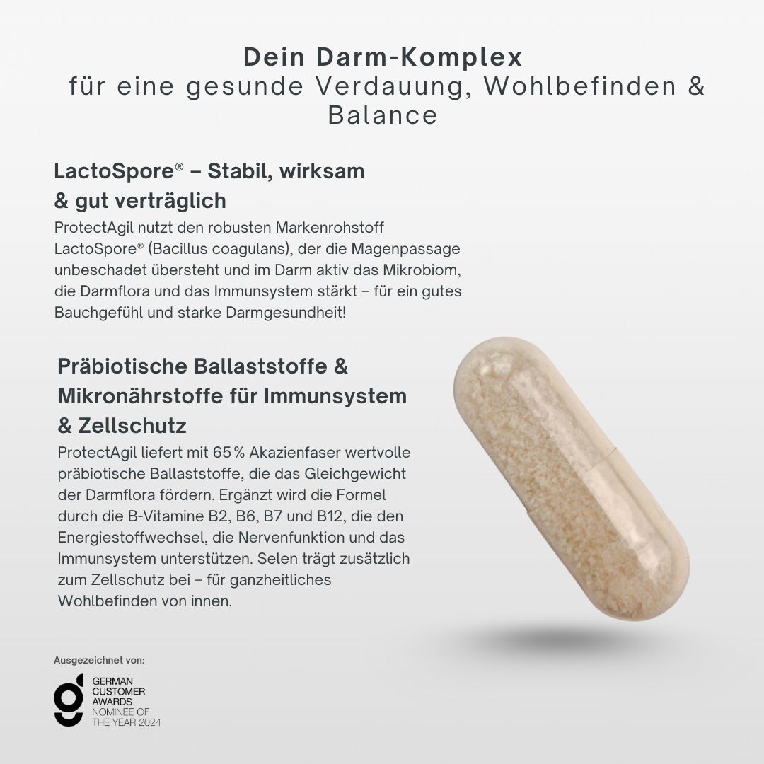Kapsel mit Text. Text: Dein Darm-Komplex. Enthält Präbiotika, Mikronährstoffe und Zellschutz. Ausgezeichnet mit German Customer Award.