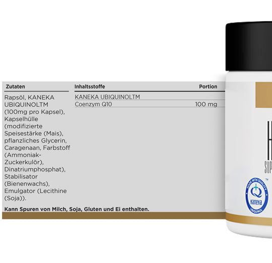 Detailansicht des HBN Ubiquinol-Behälters. Zutatenliste mit Inhaltsstoffen: KANEKA UBIQUINOLTM, Coenzym Q10. Kaneka-Logo.