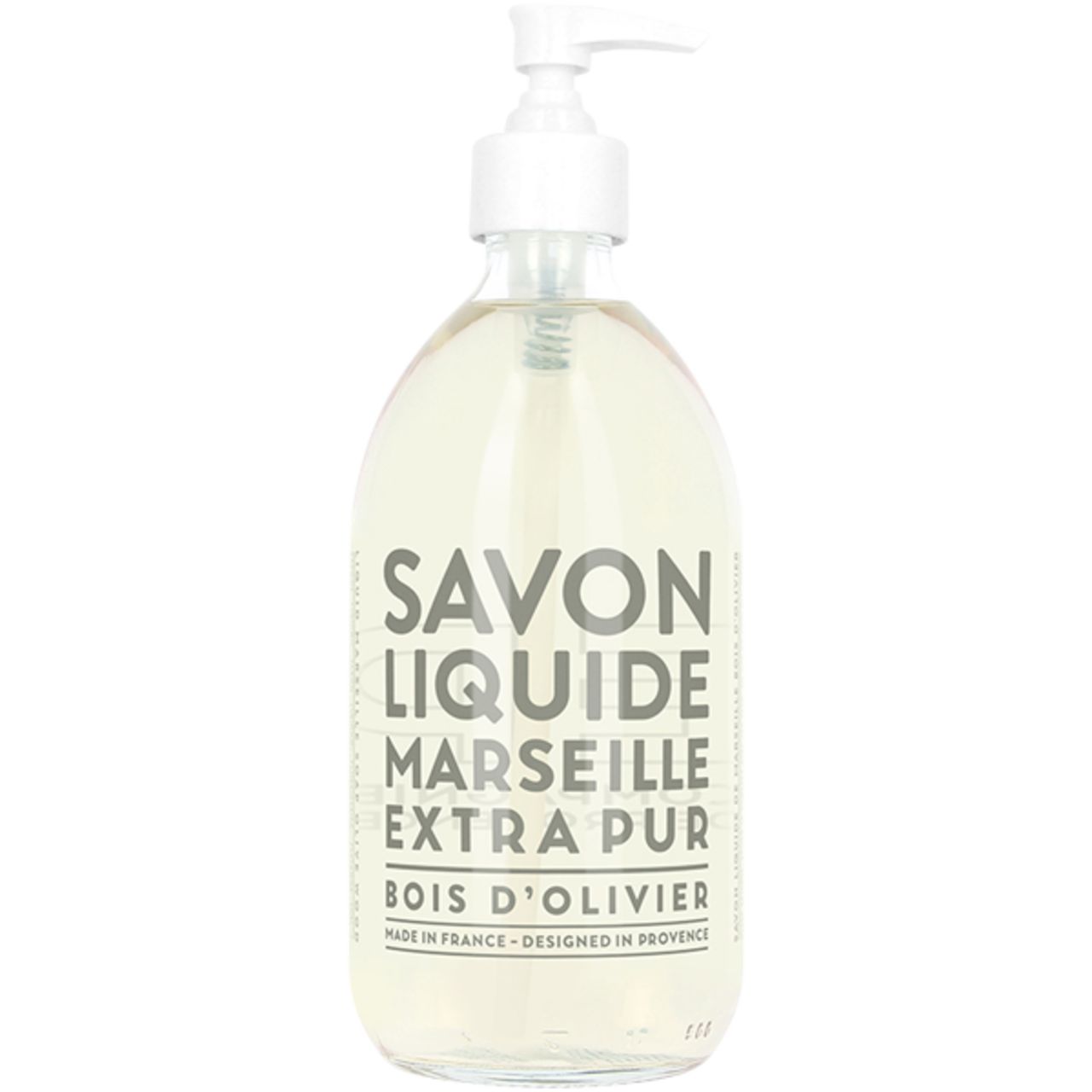 Flüssigseife in klarer Flasche mit weißem Pumpkopf. Grauer Text: Savon Liquide Marseille Extra Pur Bois d'Olivier.
