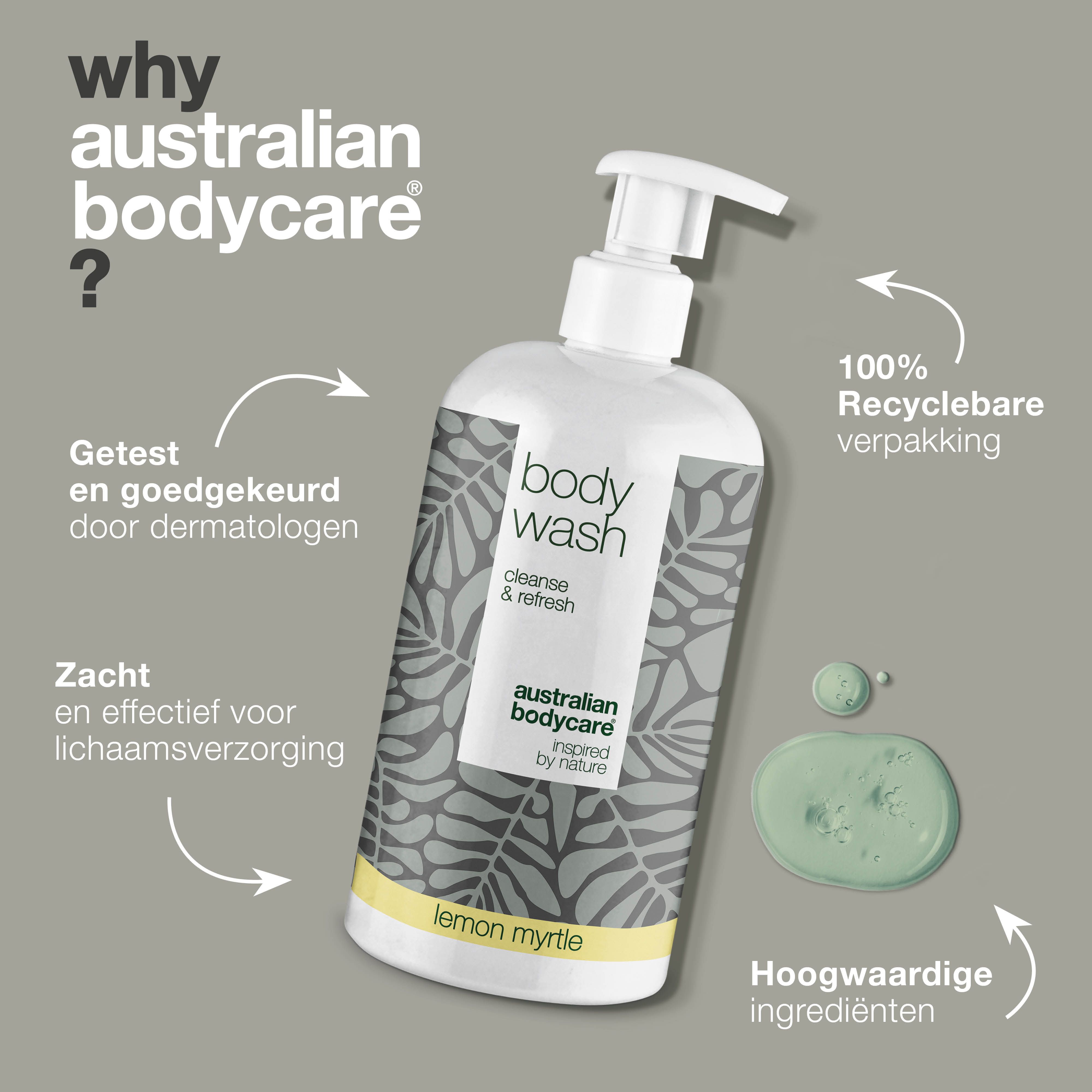 Fles body wash. Tekst: Waarom Australian Bodycare? Getest door dermatologen, zacht en effectief voor lichaamsverzorging.