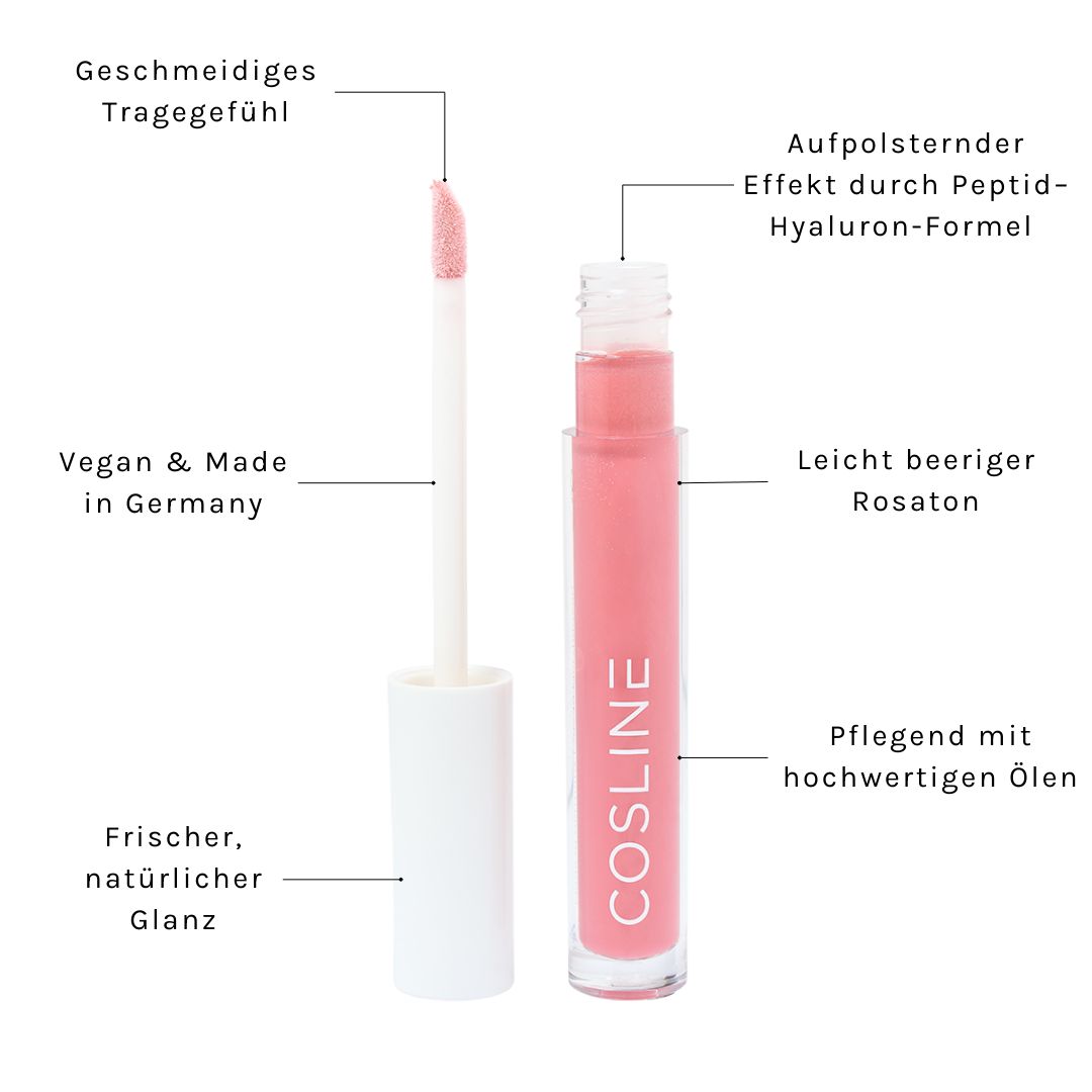 Lipgloss-Flakon mit Applikator. Der Flakon ist transparent mit rosa Inhalt. Der Schriftzug COSline ist sichtbar. Text in Deutsch.