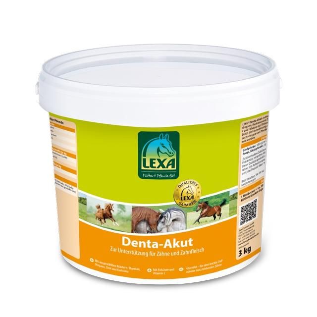 Eimer mit LEXA Denta-Akut Granulat. Grün-gelbes Etikett mit Logo, Produktname und Pferdeabbildungen. 3 kg.