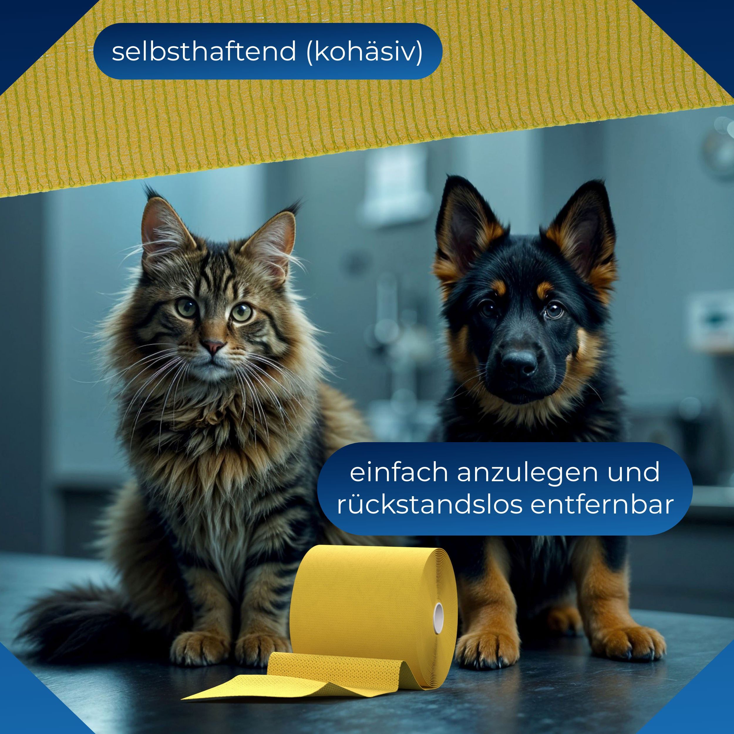 Gelbe, kohäsive Fixierbinde, gerollt, neben Katze und Hund. Text: 'selbsthaftend (kohäsiv)' und 'einfach anzulegen und rückstandslos entfernbar'.