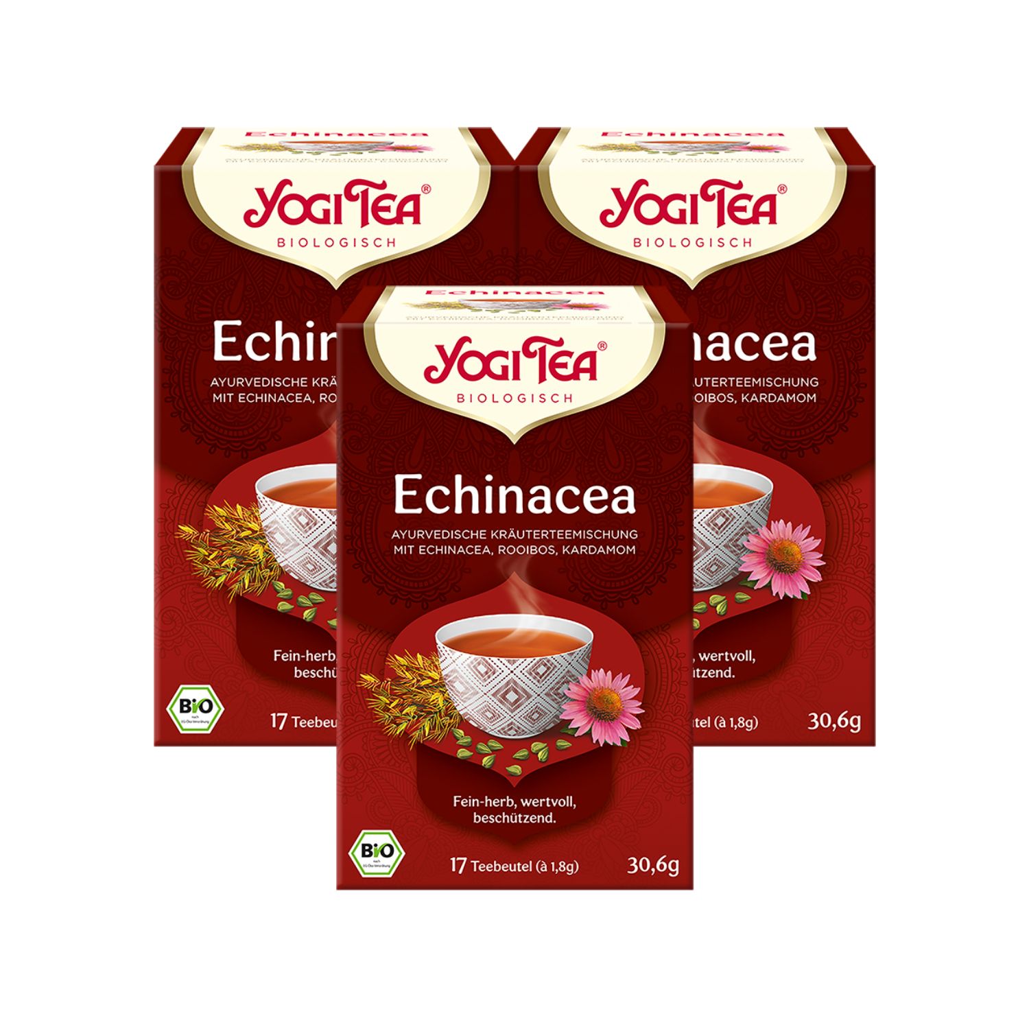 Drei Packungen Kräutertee. Rote Verpackung mit Logo und Produktbezeichnung. Bio-Siegel.