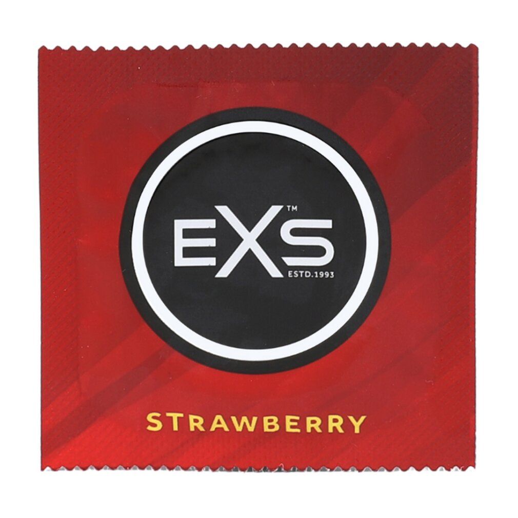 EXS Erdbeer-Kondom-Verpackung mit rotem Muster.