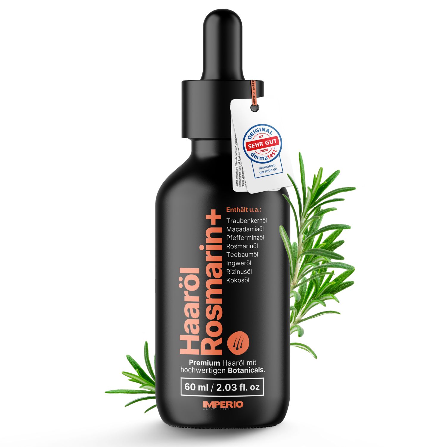 Schwarze Flasche mit Haaröl Rosmarin+. Etikett mit Inhaltsstoffen und Zertifizierung. Rosmarinzweig.