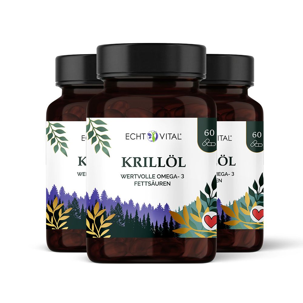 Drei braune Flaschen mit schwarzen Deckeln. Aufschrift: Echt Vital Krillöl. Text: Wertvolle Omega-3 Fettsäuren. 60 Kapseln.