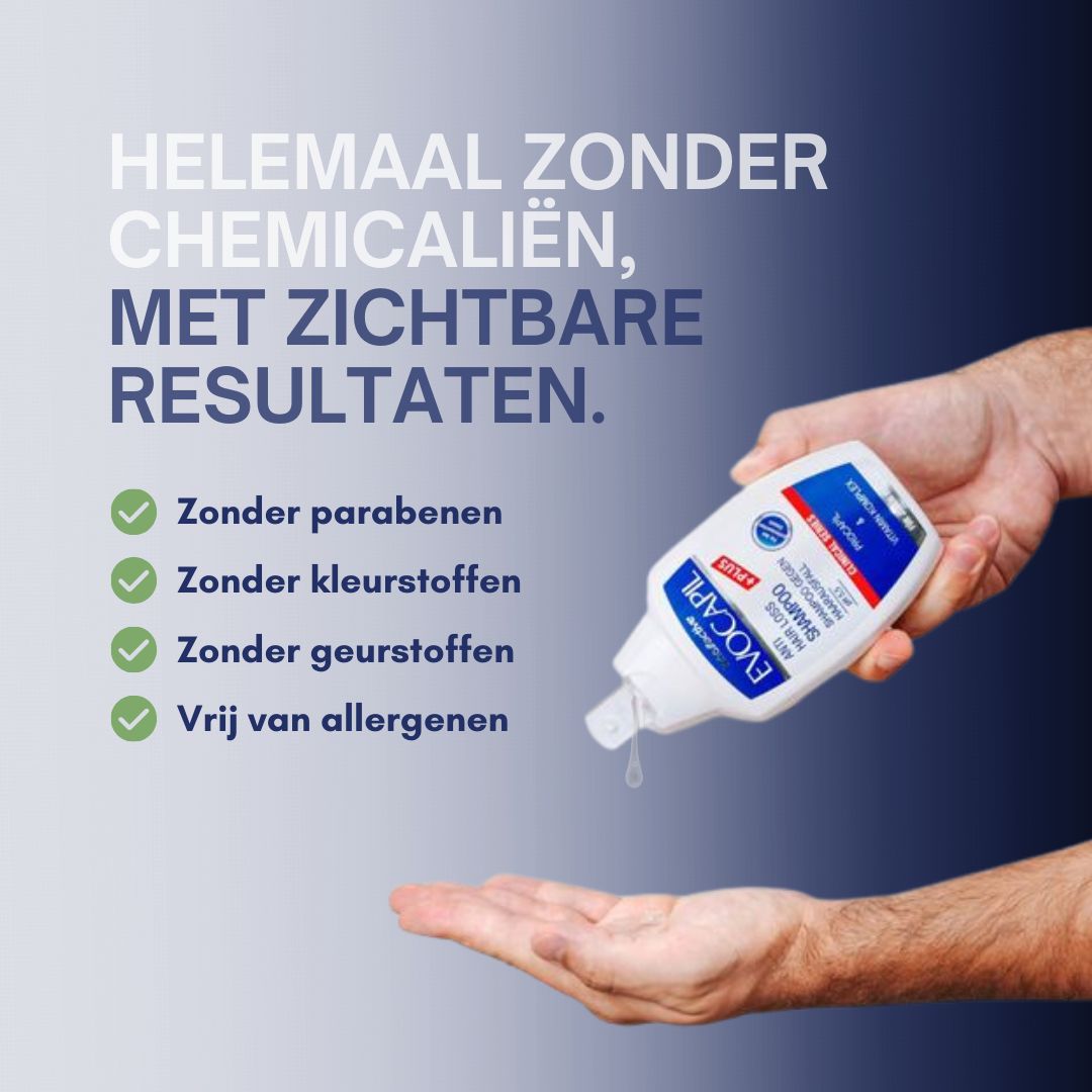 Handen houden een fles "Evocapil Anti-Haaruitval Shampoo". Tekst: Vrij van parabenen, kleurstoffen, geurstoffen, allergenen.