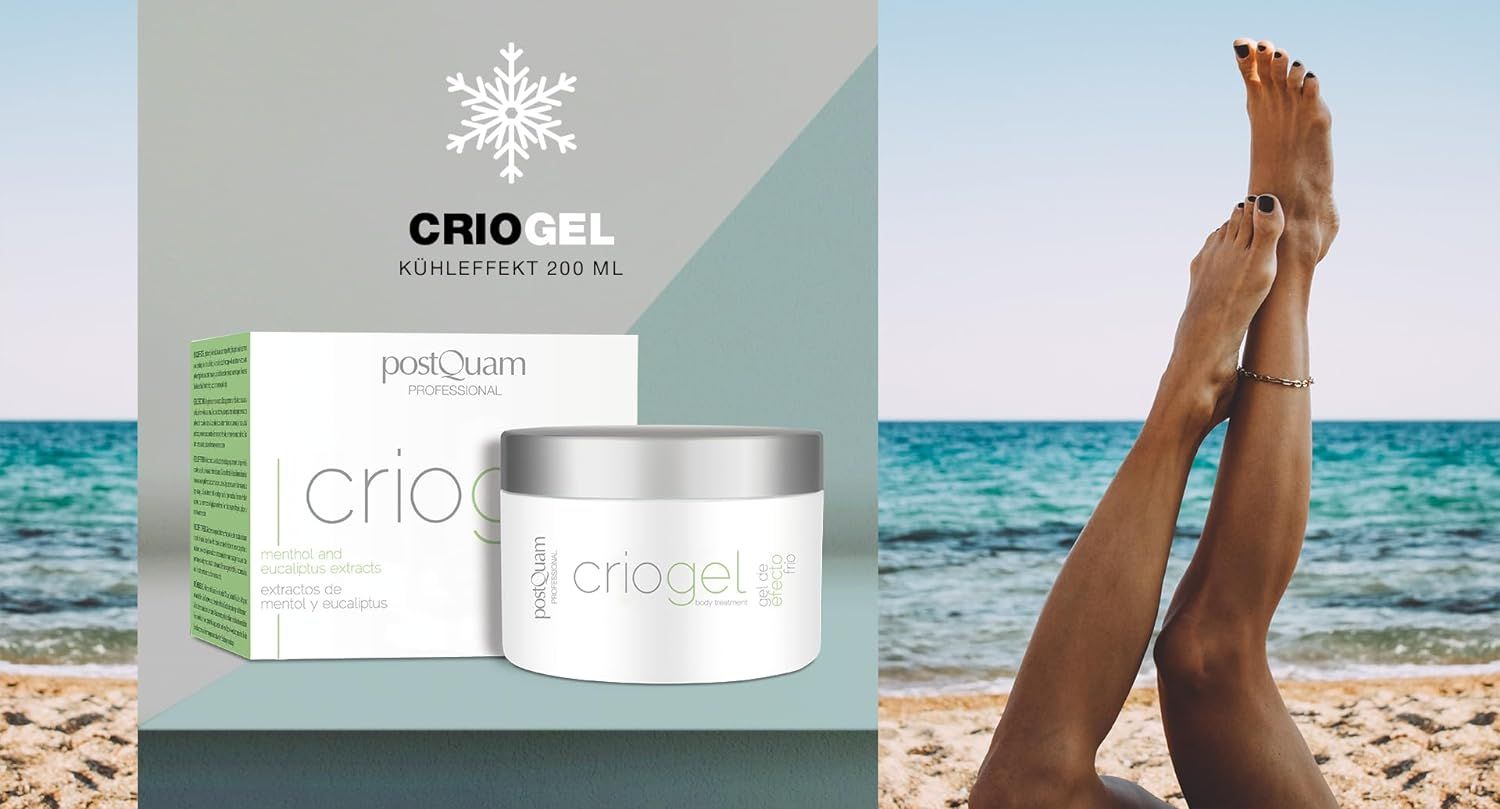Produkt mit Verpackung und Beine am Strand. Aufschrift 'criogel' und 'PostQuam'. Kühleffekt 200 ml.