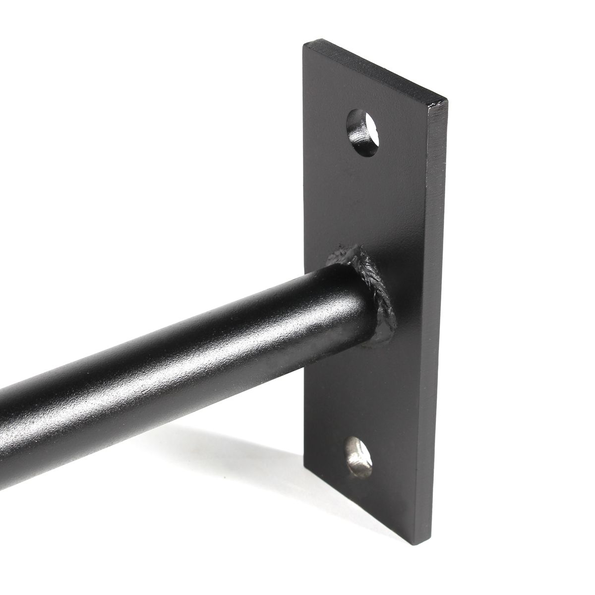 Schwarze Metallstange, an einer rechteckigen Platte befestigt. Zwei Löcher in der Platte.