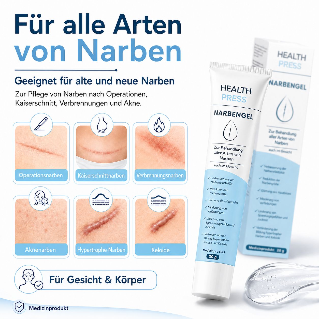 Verschiedene Narbentypen, die mit Health Press Narbengel behandelt werden können.