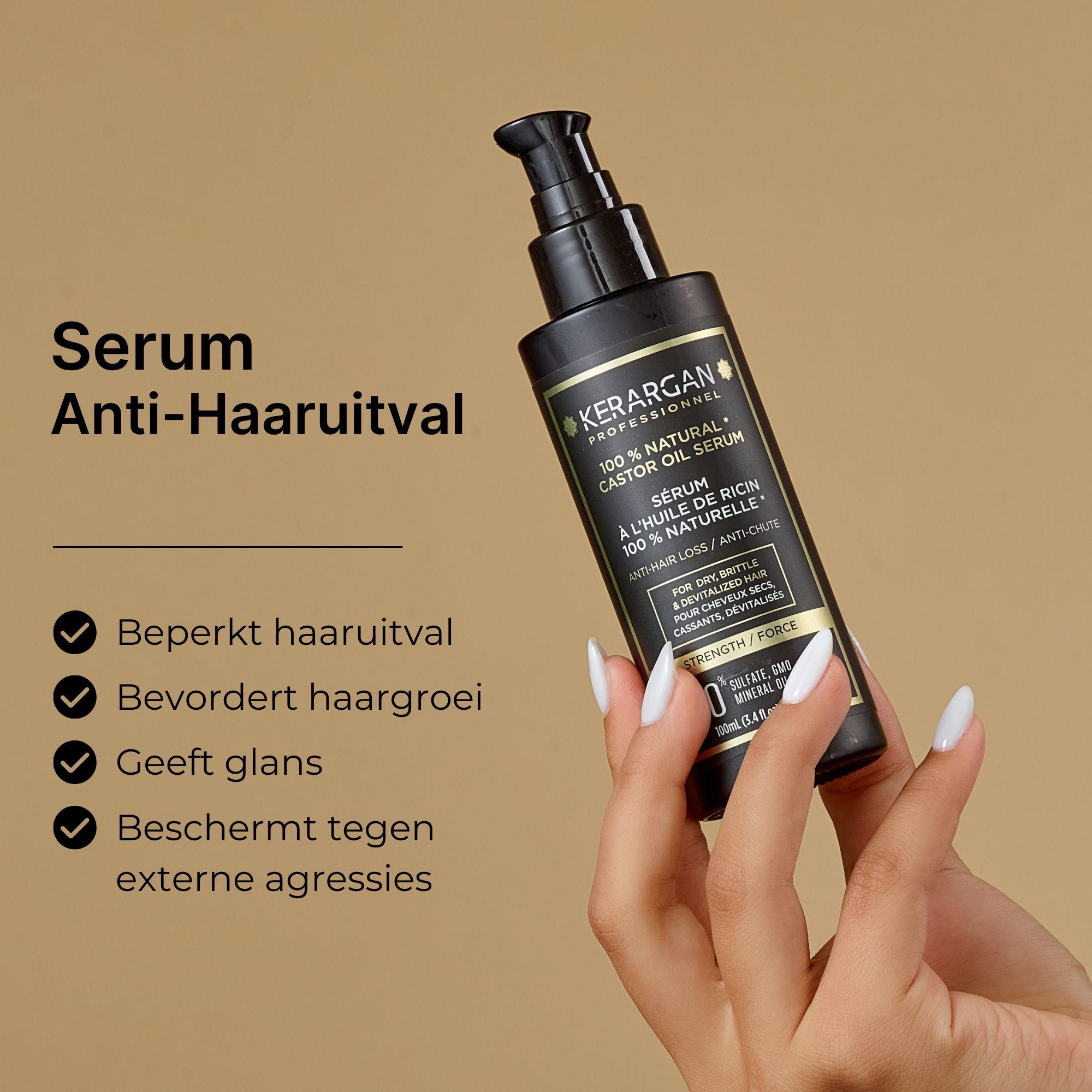 Kerargan serumfles. Zwarte fles met pomp. Tekst: 100% Natural Castor Oil Serum. Anti-haaruitval.