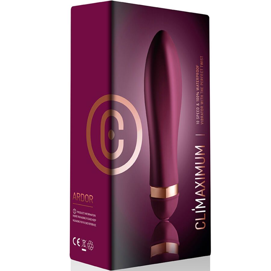 Verpackung mit bordeauxfarbenem Vibrator. Goldfarbener Ring. Aufschrift Climaximum. CE-Zeichen.