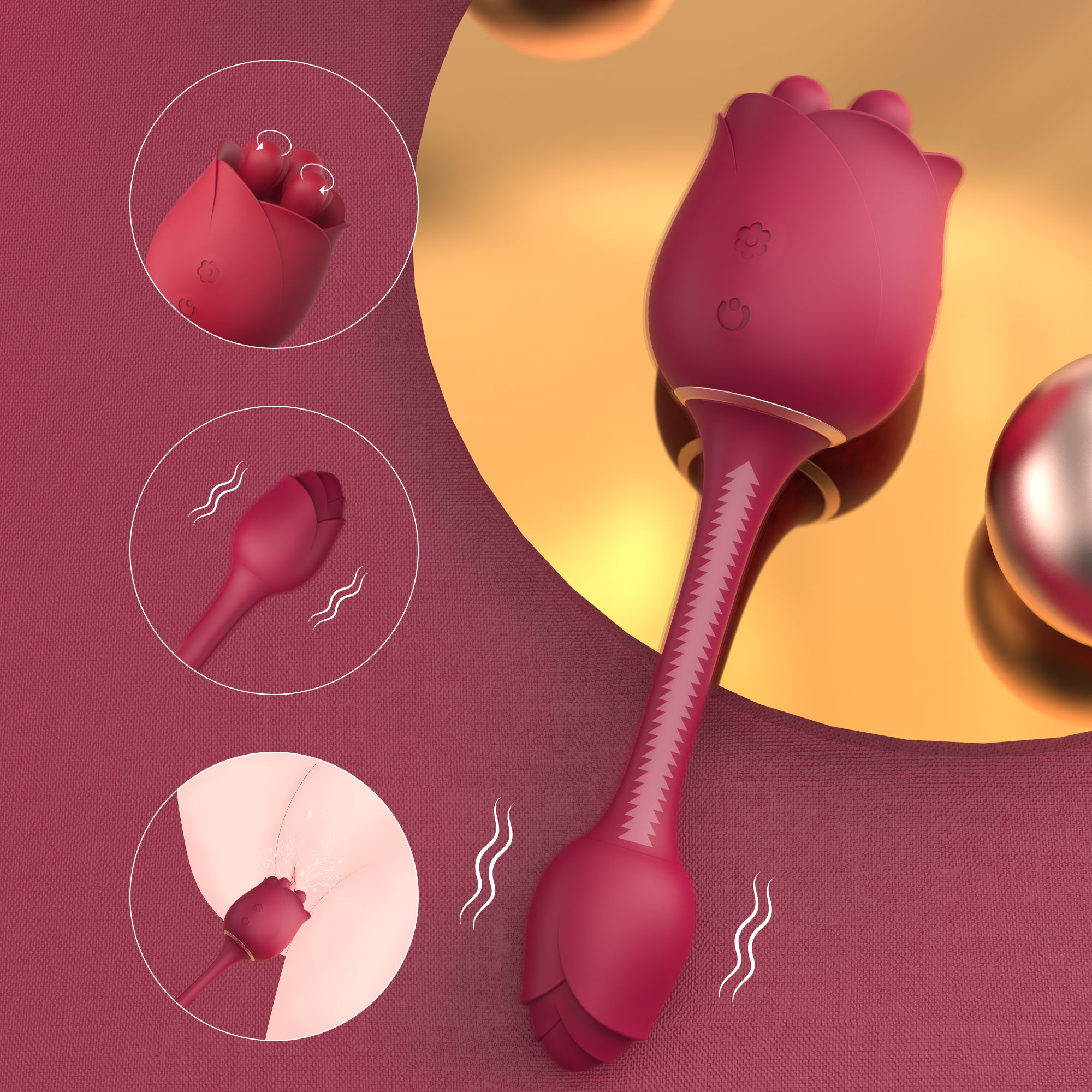 Roter Vibrator in Rosenform, mit Stiel und Blütenblättern. Drei kleinere Abbildungen. Hintergrund mit Kugeln.