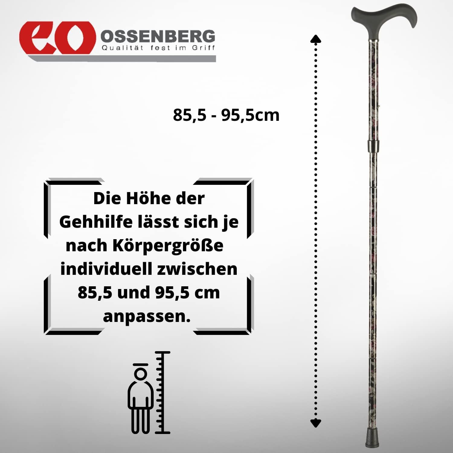 Gehstock mit Derbygriff, floralem Muster. Schwarzer Griff, grauer Schaft mit Blumenmuster. Ossenberg Logo. Text: Höhe 85,5-95,5cm.