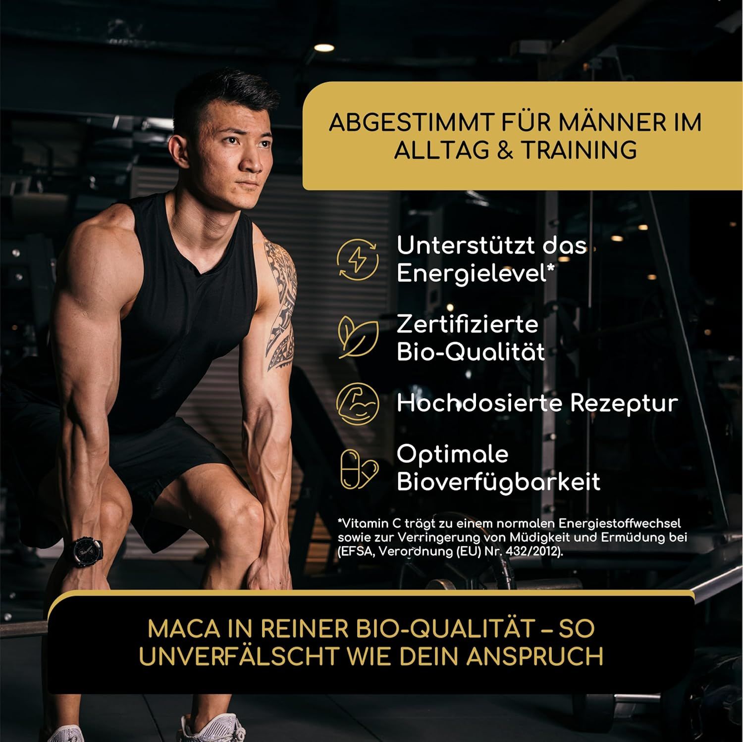 Mann trainiert mit Hanteln. Text: Unterstützt Energielevel, Bio-Qualität, hochdosiert, optimale Bioverfügbarkeit.