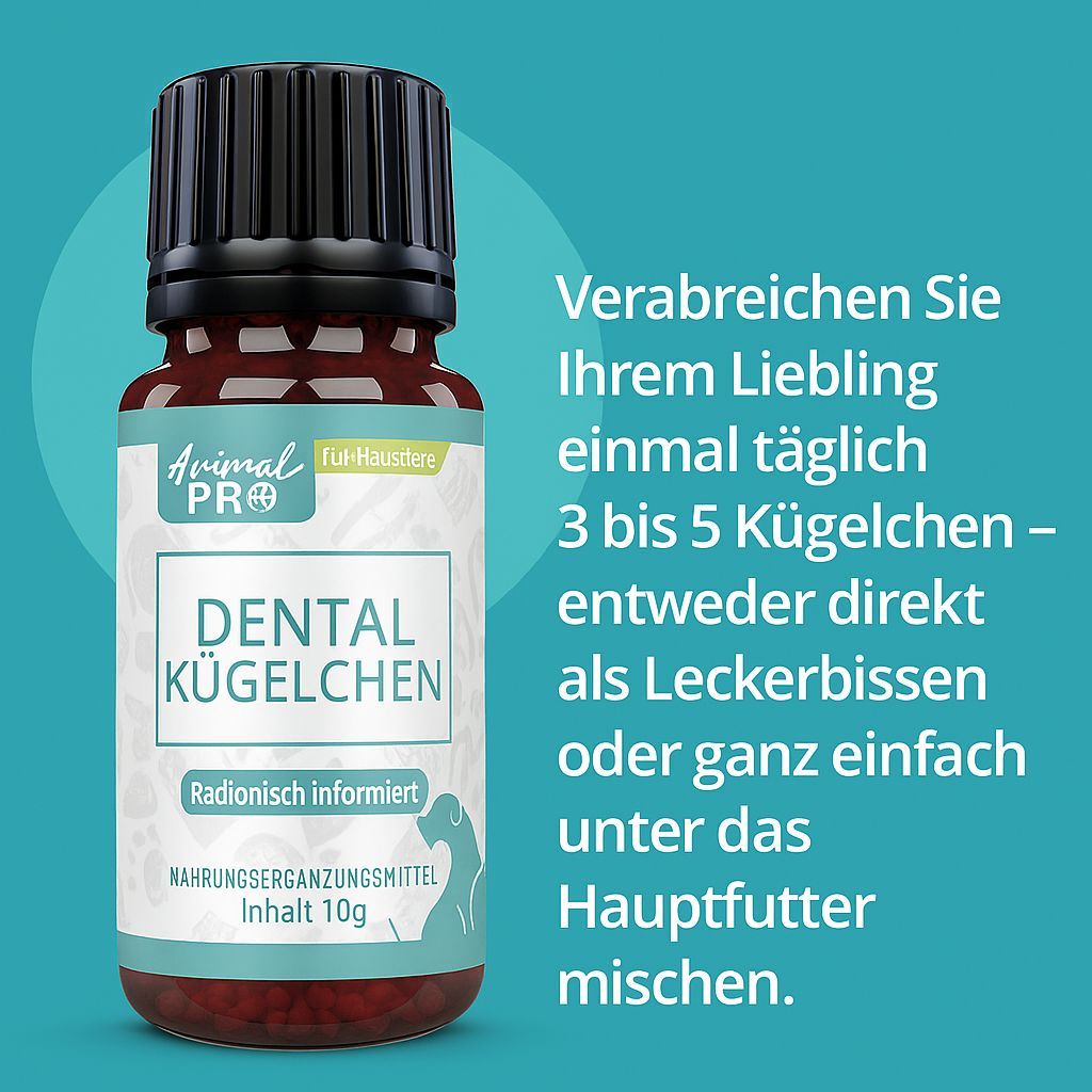 Produktflasche mit Text auf türkisfarbenem Hintergrund. Text: "Verabreichen Sie Ihrem Liebling..." und Anweisungen.