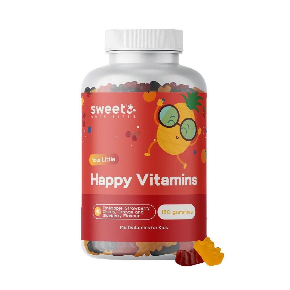 Runde Flasche mit Sweet Nutribites Happy Vitamins. Roter Aufkleber mit Text und Gummibärchen. 150 Gummis.