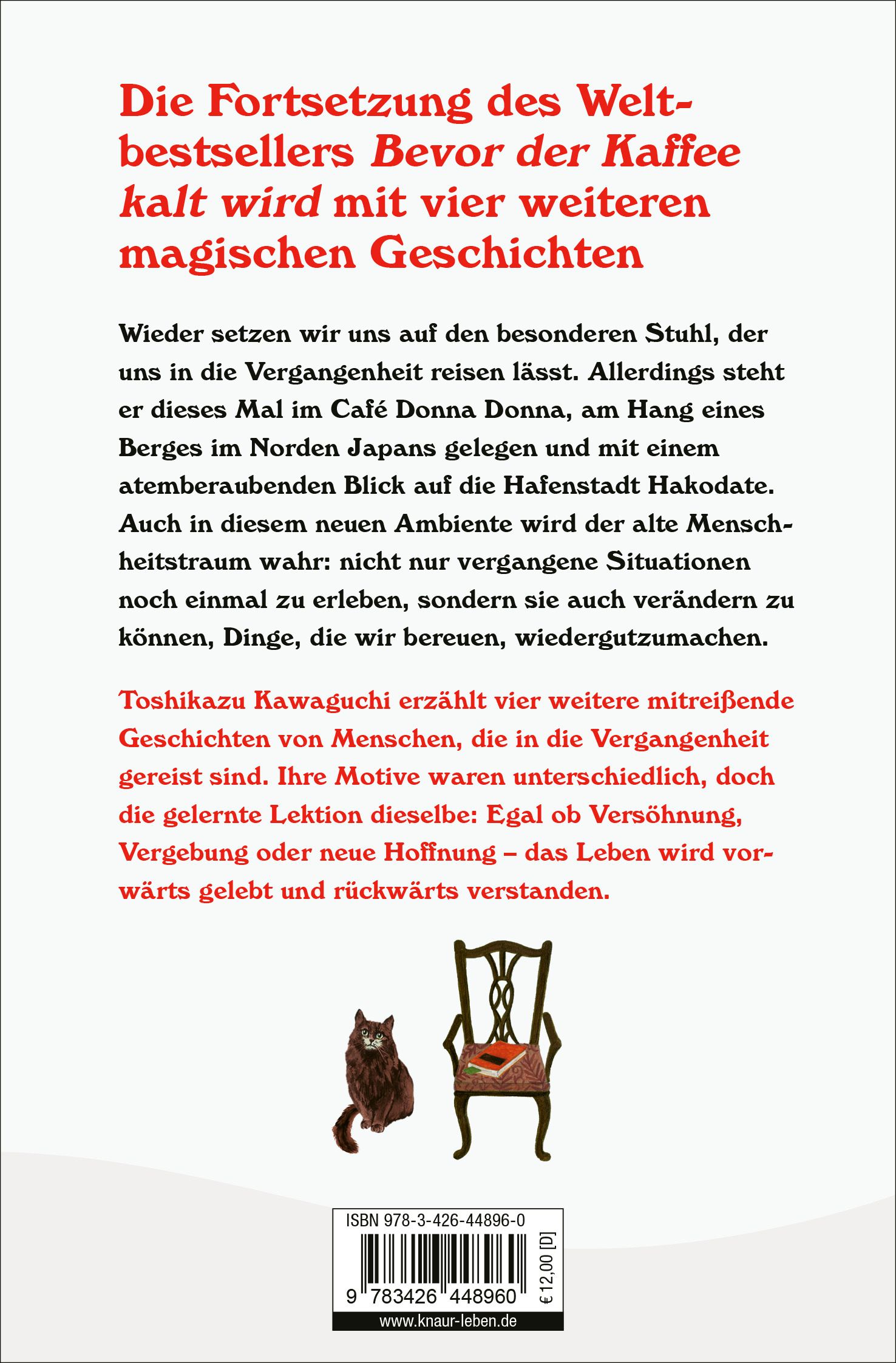 Buchrückseite mit Text. Titel: "Die Fortsetzung des Weltbestsellers Bevor der Kaffee kalt wird". ISBN-Code und Preis.