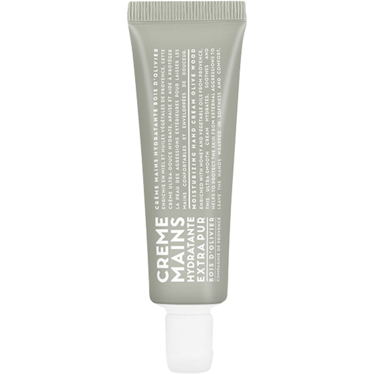 Graue Tube Handcreme, "Crème Mains Hydratante Extra Pur". Text auf Französisch und Englisch. Weißer Verschluss.