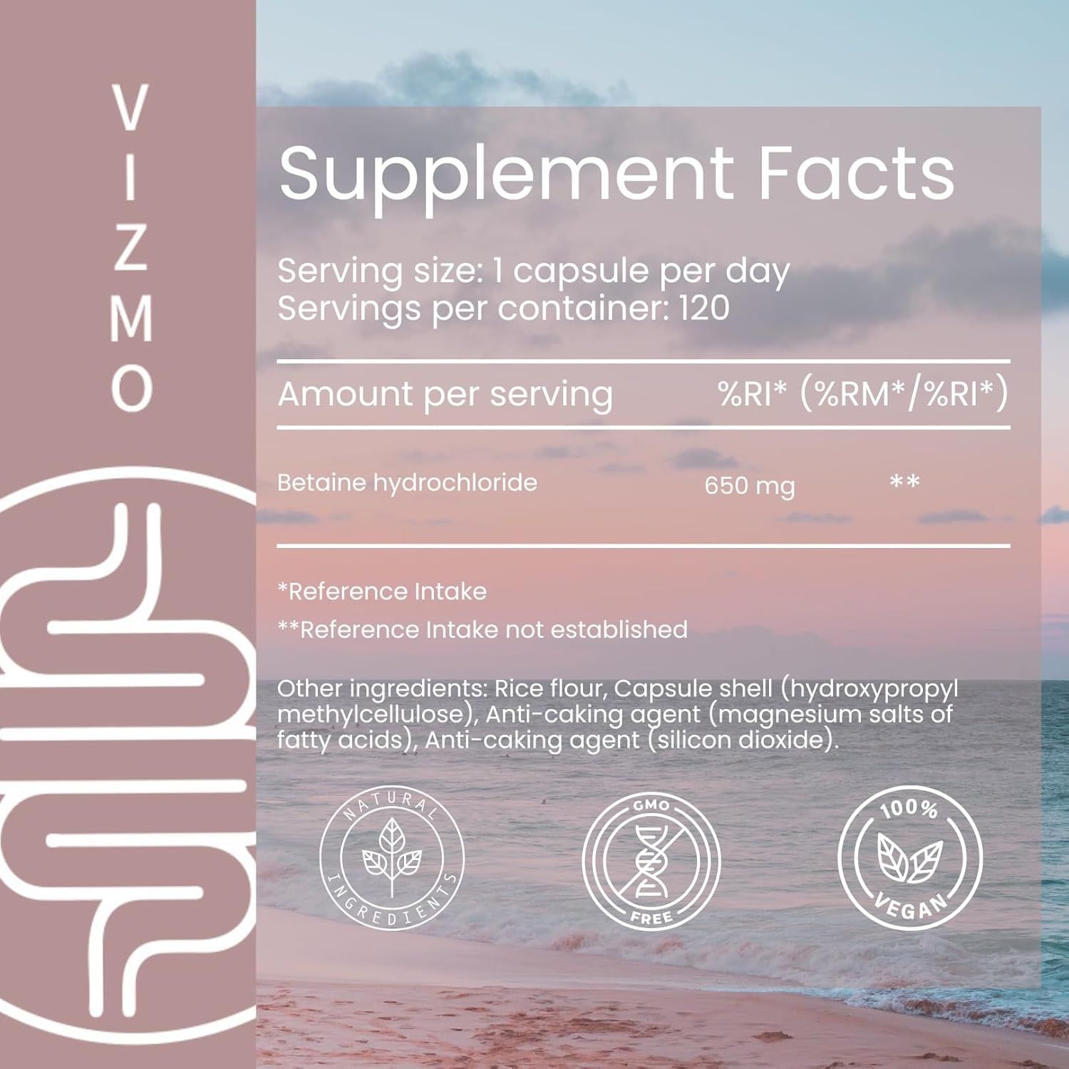 Nährwerttabelle. Text: Betaine hydrochloride 650 mg. Inhaltsstoffe: Reismehl, Kapselhülle, etc. Vegan.