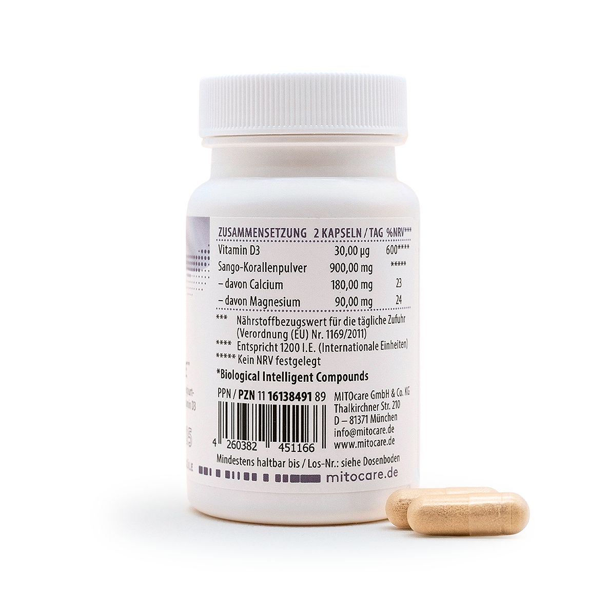 Rückseite eines MITOcare BIC Immune Kapselbehälters mit Zutatenliste und Dosierung.