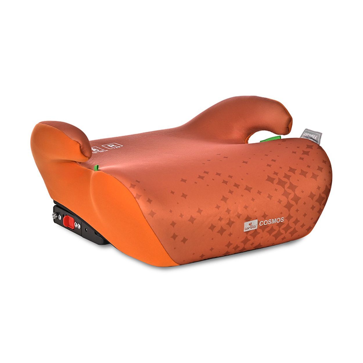 Orangefarbener Kindersitz-Booster mit Muster und Getränkehalter.