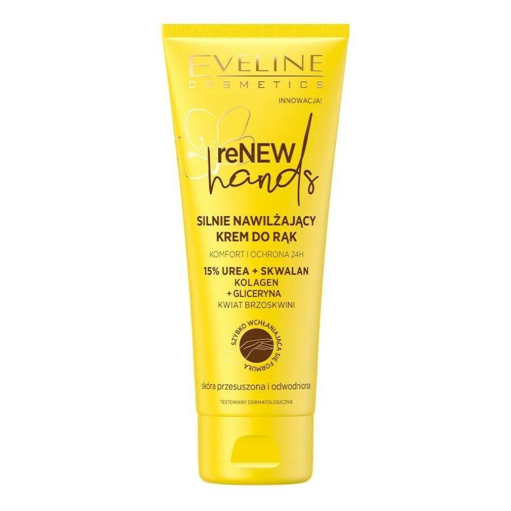 Gelbe Tube Handcreme. Aufschrift: Eveline Cosmetics, reNEW hands, KREM DO RĄK, 15% UREA + SKWALAN, KWIAT BRZOSKWINI.