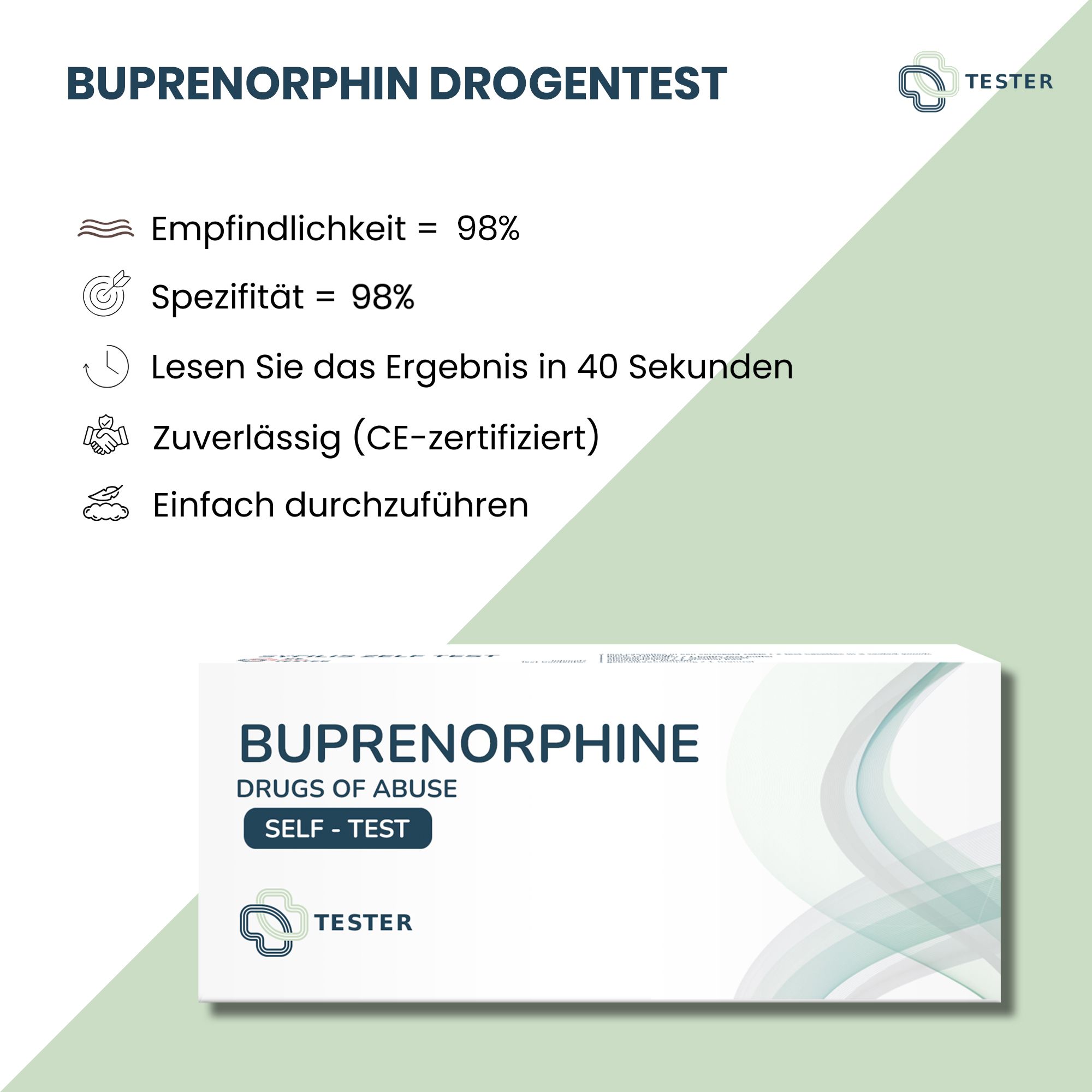Buprenorphin Drogentest-Verpackung. Text mit Informationen: Empfindlichkeit 98%, Spezifität 98%, Ergebnis in 40 Sekunden, zuverlässig (CE-zertifiziert), einfach.