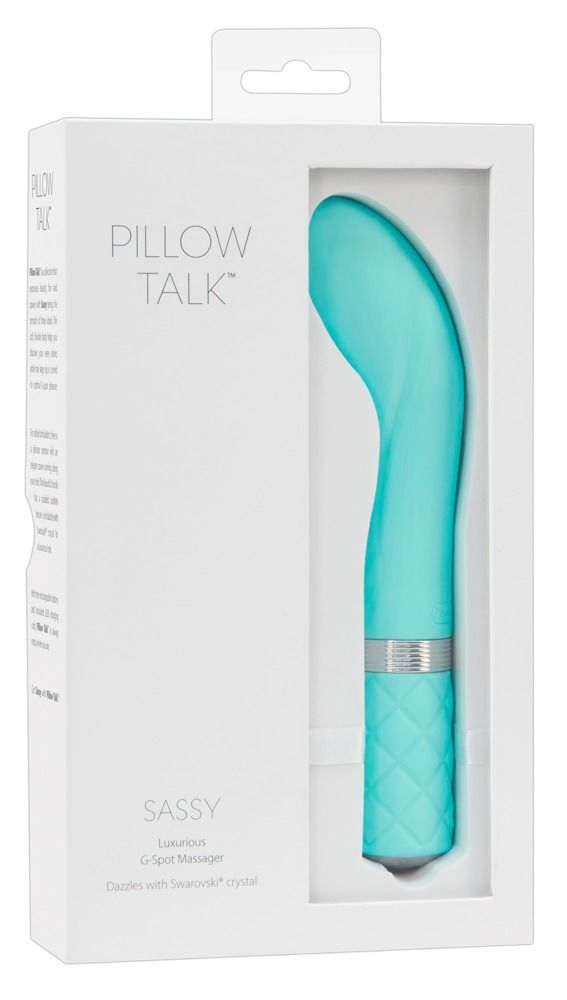 Verpackung mit türkisfarbenem Vibrator. Aufschrift: PILLOW TALK, SASSY, G-Spot Massager.