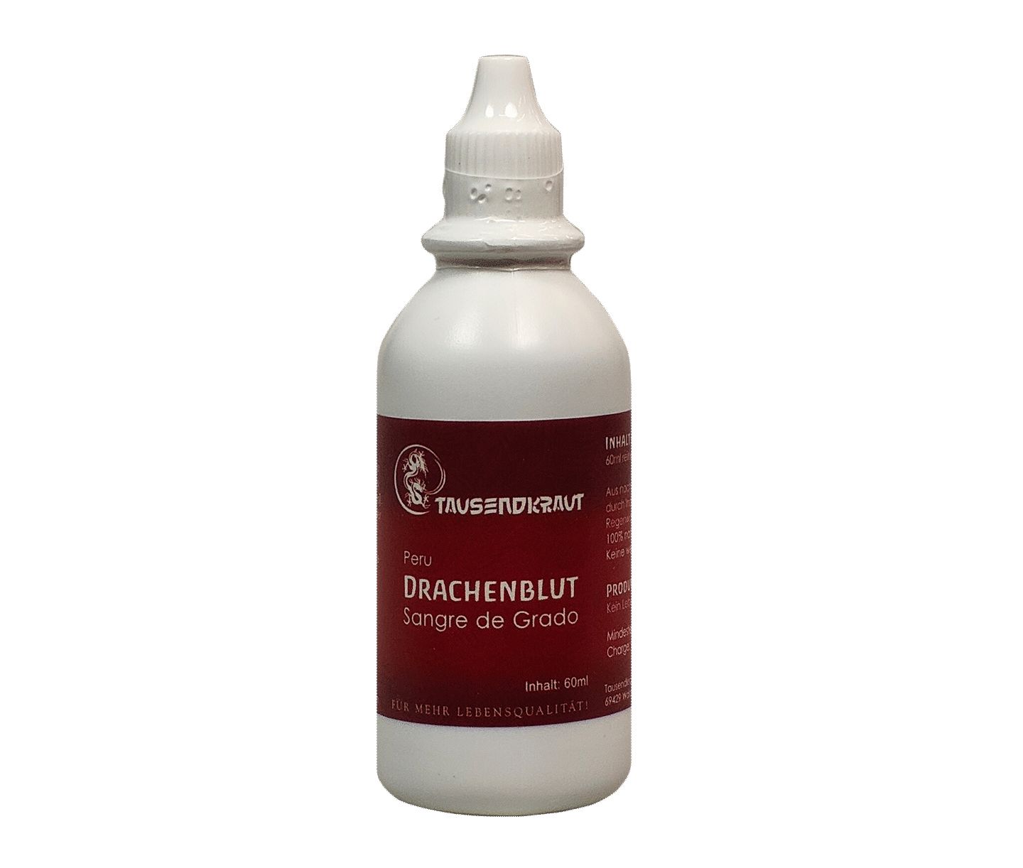 Weiße Flasche mit rotem Etikett. Beschriftung: Tausendkraut, Drachenblut, Sangre de Grado. Tropfverschluss.