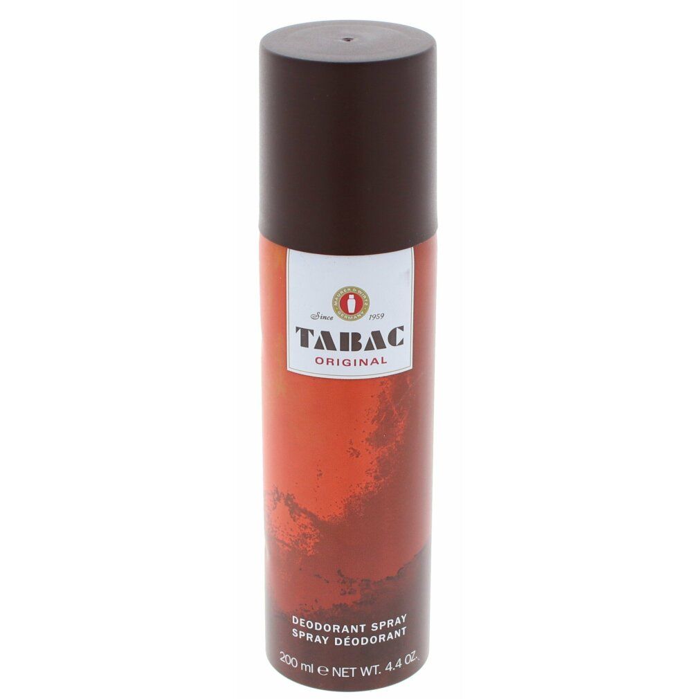 Tabac Original Deodorant-Spray. Braune Kappe, orangefarbener Korpus. Aufschrift: Tabac Original, Deodorant Spray.