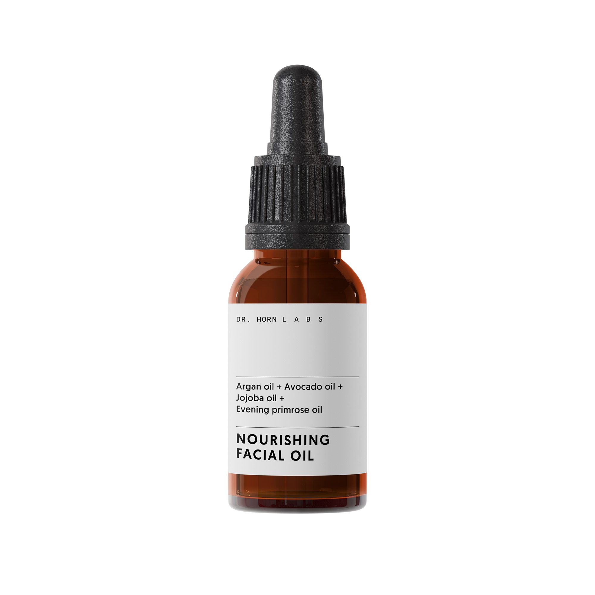 Braune Glasflasche mit schwarzem Tropfer. Etikett mit Produktname und Inhaltsstoffen. Text: DR. HORN LABS - Nourishing Facial Oil.