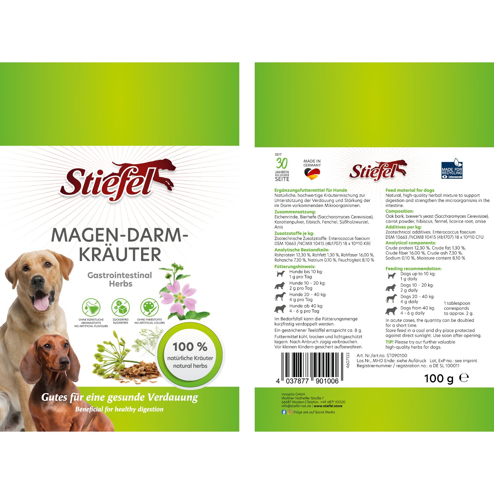 Verpackung von Stiefel Magen-Darm-Kräuter. Grün-weißes Design mit Logo, Produktname, Hundeabbildungen und Inhaltsangaben. 100g Packung.