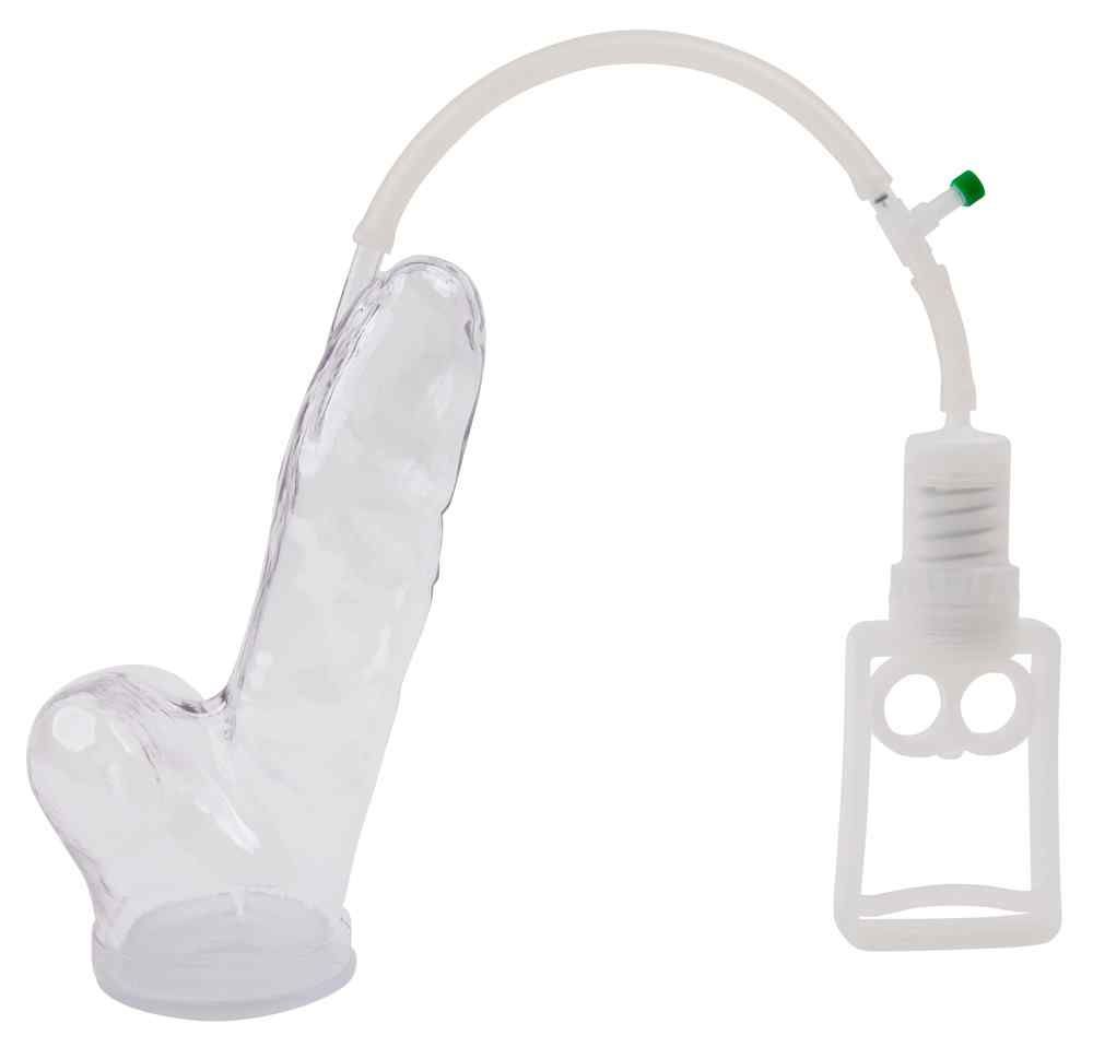 Transparente Penispumpe mit Schlauch und Griff. Pumpe mit zylindrischem Körper, Griff mit zwei Öffnungen. Grüner Verschluss.
