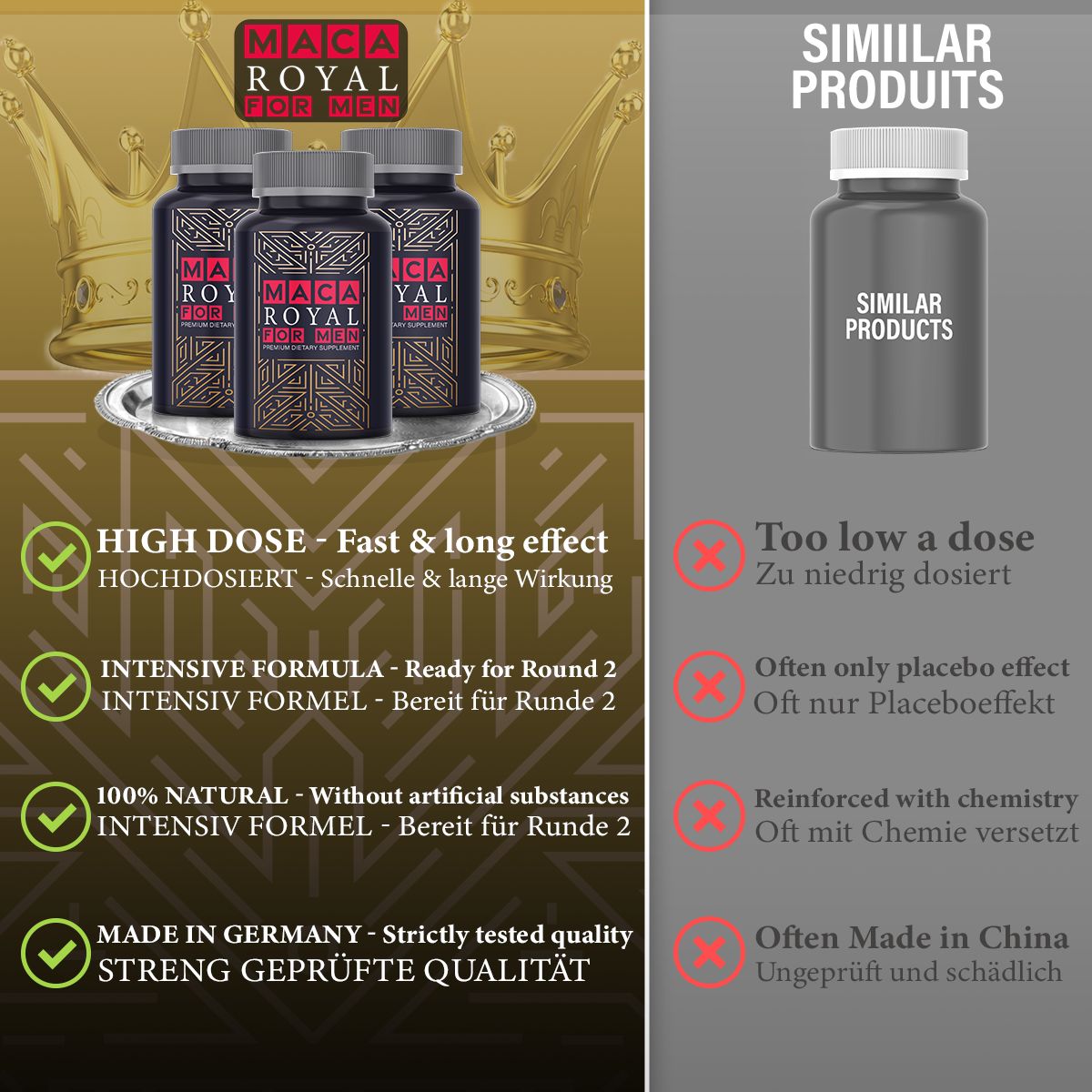 Mehrere Flaschen mit MACA ROYAL FOR MEN. Text: HIGH DOSE, INTENSIVE FORMEL, 100% NATURAL, MADE IN GERMANY.