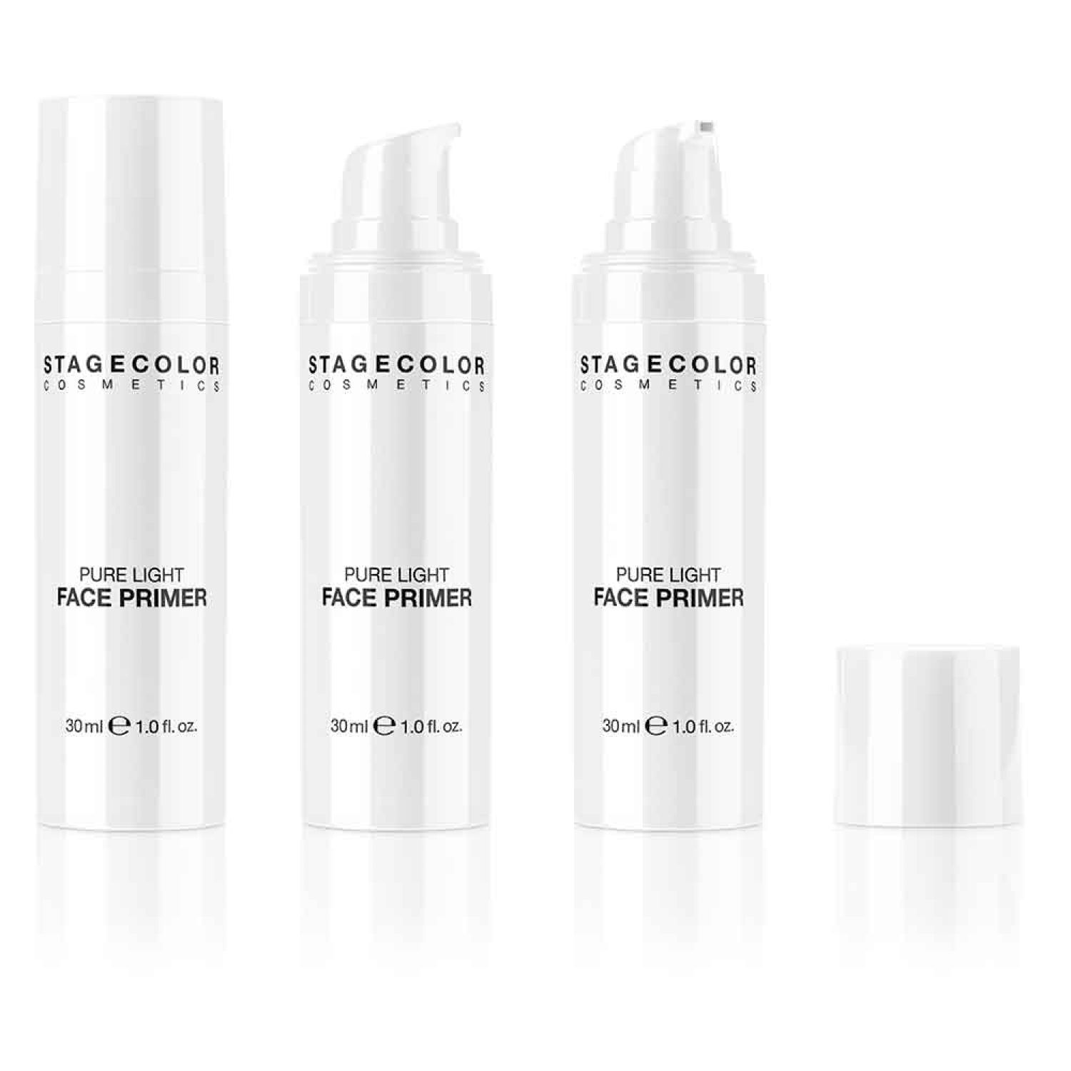Drei weiße Flaschen mit Pumpverschluss und eine Kappe. Aufschrift: Stagecolor Cosmetics, Pure Light Face Primer, 30ml e 1.0 fl. oz.