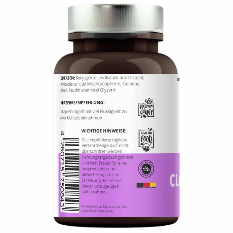 Rückseite einer braunen Flasche CLA-Distelöl Kapseln. Etikett mit Zutaten, Verzehrempfehlung und Warnhinweisen.