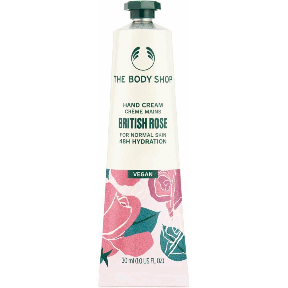 Creme-Tube mit Aufschrift "The Body Shop", "British Rose", für normale Haut. Vegan. Rosenmuster.