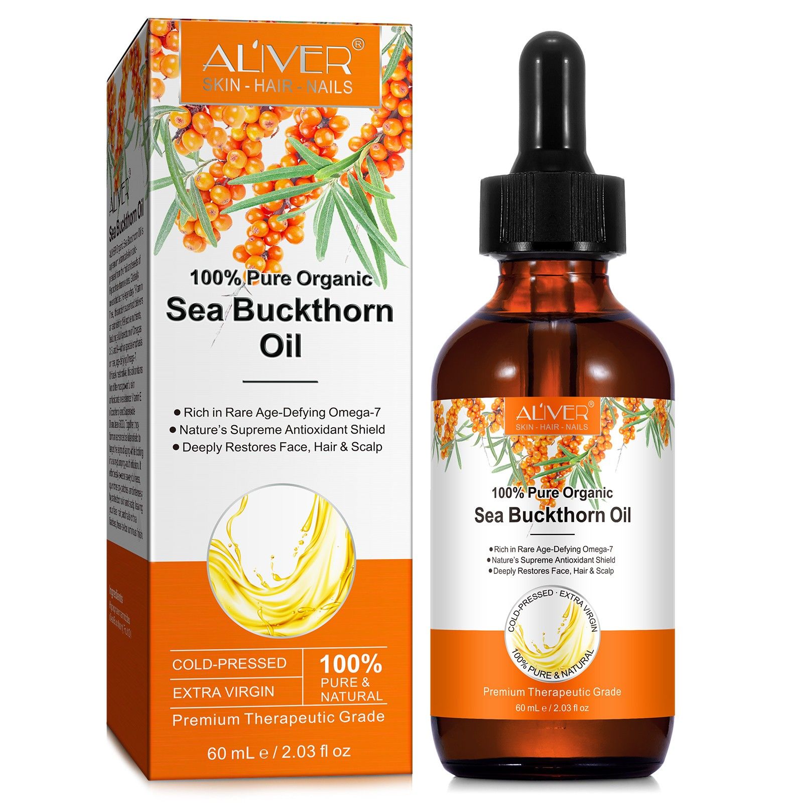 Aliver Sanddornöl Premium Pflegeöl für Haut Haare & Nägel Kaltgepresst Anti Frizz 60 ml Öl