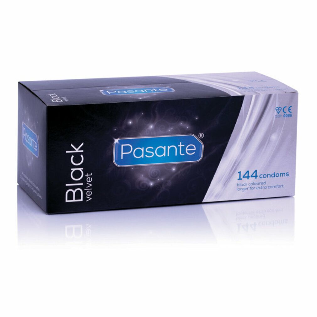 Schwarze Schachtel mit Produktnamen und Logo. Enthält 144 Kondome. CE-Kennzeichnung.