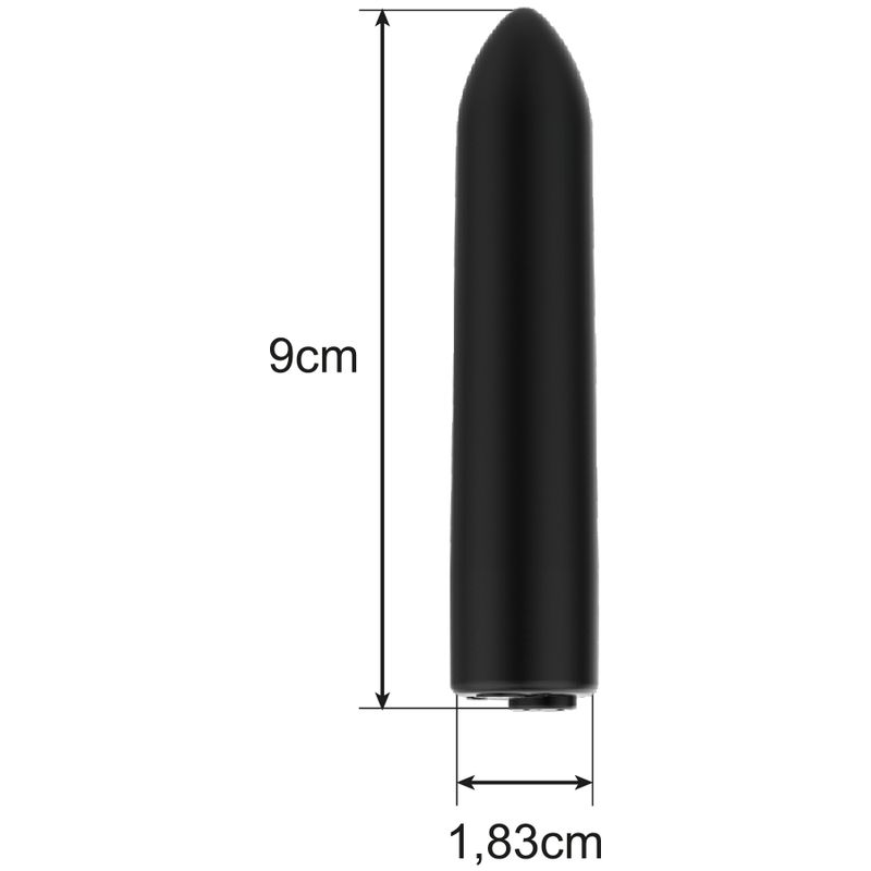Schwarzer Vibrator, zylindrisch mit spitzem Ende. Maße: 9cm lang, 1,83cm Durchmesser.