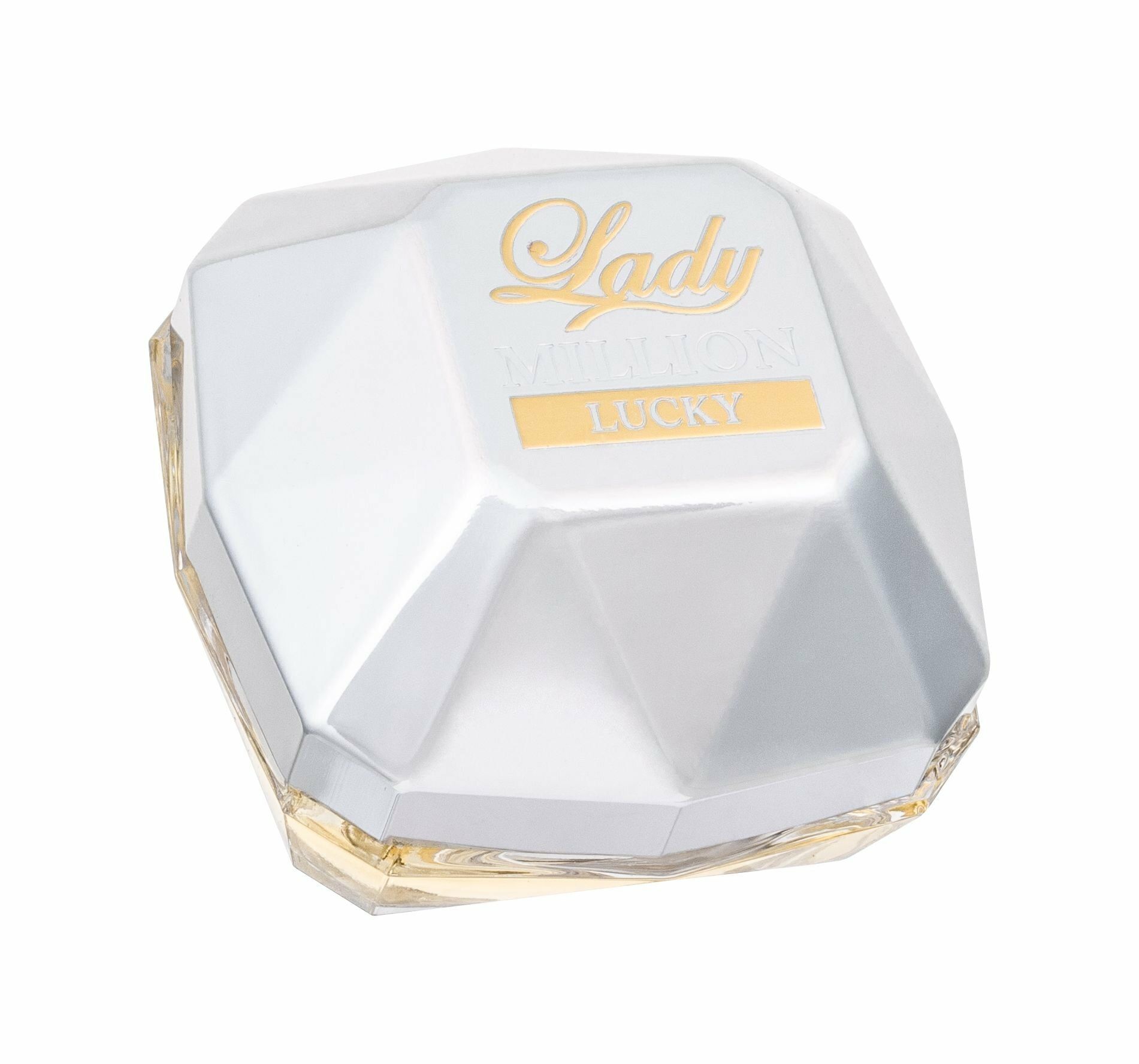 Lady Million Lucky Edp Spray, diamantförmiger Flakon. Weiß und goldfarben. Produktname auf dem Flakon.