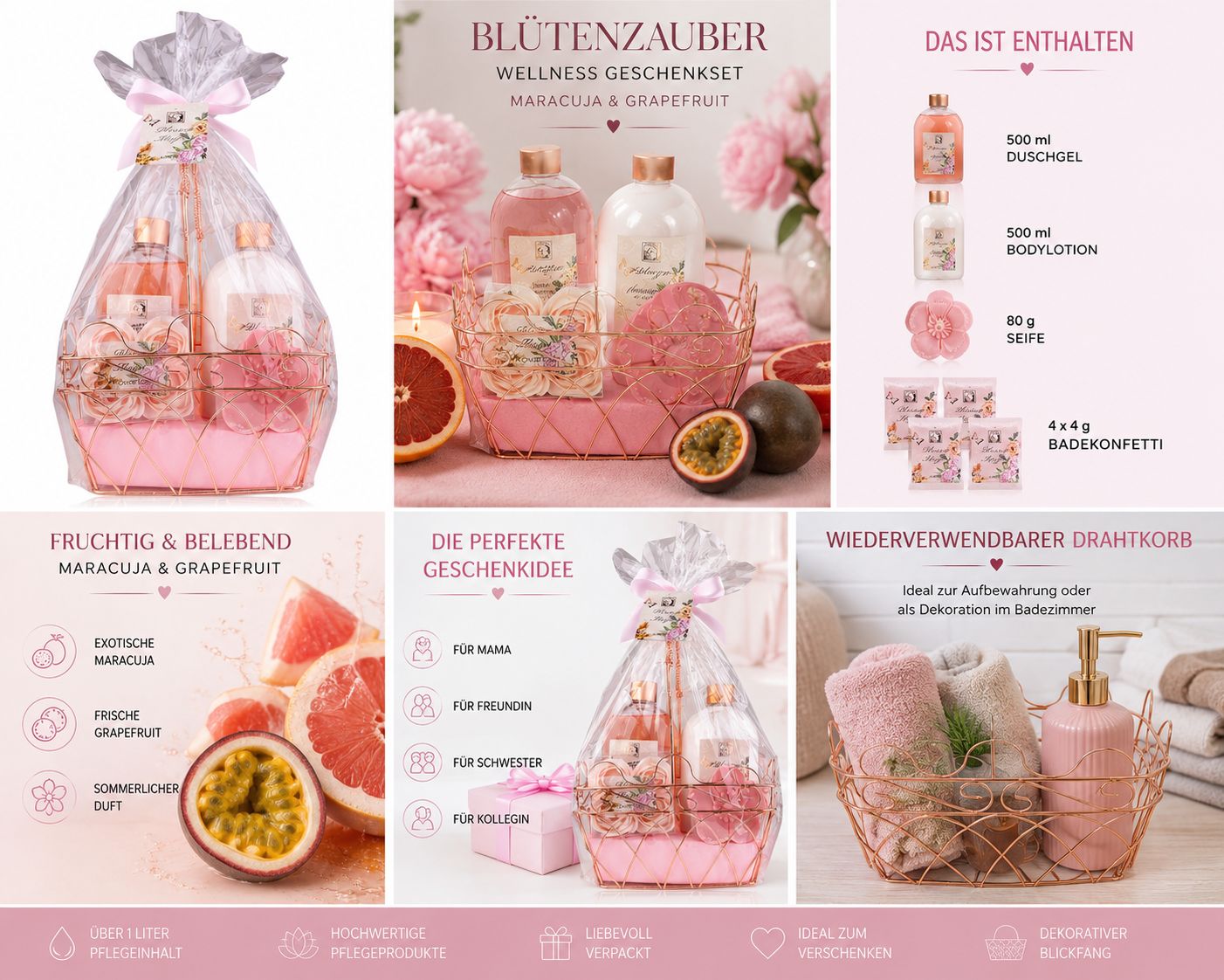 Collage: Geschenkset Blütenzauber Maracuja & Grapefruit, Inhalt und Drahtkorb mit Handtüchern und Seifenspender.