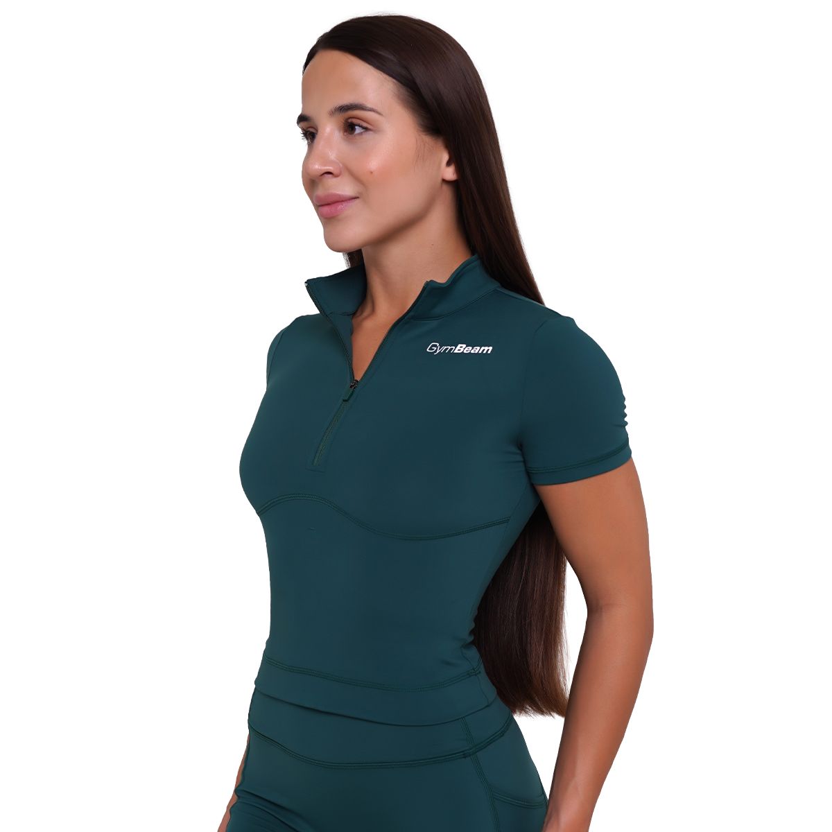 GymBeam Damen Cropped T-Shirt Ignite Slim mit Kurzarm und Kragen Dunkelgrün