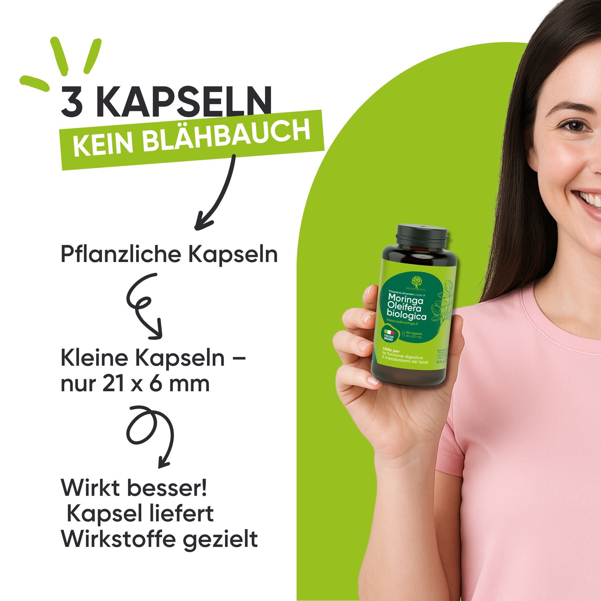 Frau hält eine Flasche Moringa-Kapseln. Kleine pflanzliche Kapseln, 21x6 mm.