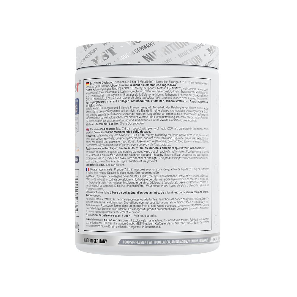Rückseite eines Behälters mit Nährwertangaben und Inhaltsstoffen für MST Beauty Collagen.