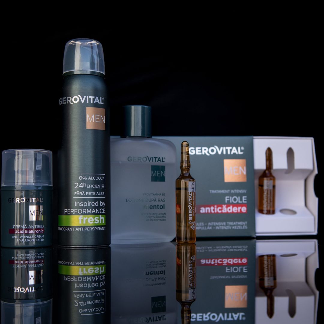 Verschiedene Gerovital Men Produkte, darunter eine Ampulle mit der Aufschrift Fiole Anticadere und eine Verpackung.